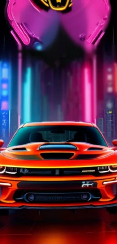 Futuristic neon car against a vibrant cityscape backdrop.