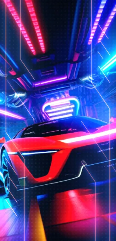 Futuristic car illuminated by neon lights in a modern, vibrant setting.