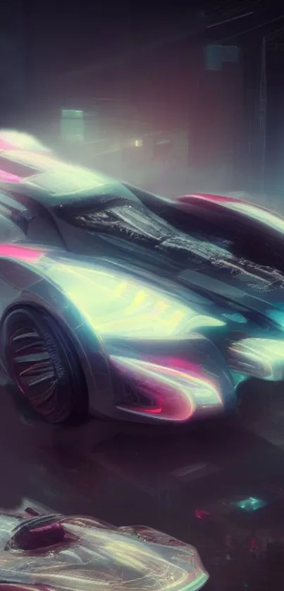 Futuristic car with neon lights in a cyberpunk cityscape wallpaper.