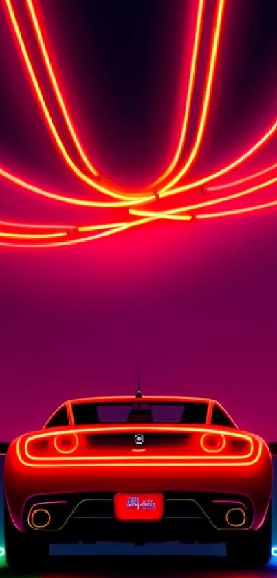 Futuristic car with neon lights in vibrant night background.