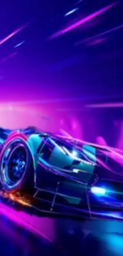 Futuristic neon car with glowing lights in motion on a vibrant purple background.