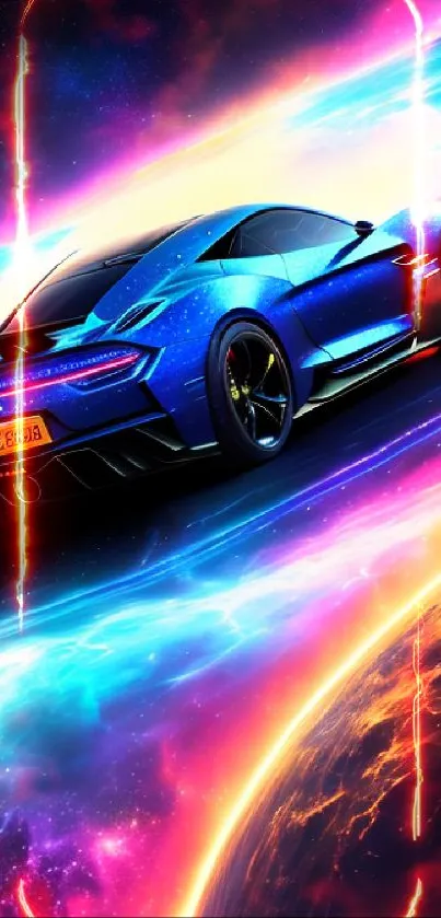 Futuristic neon car with cosmic backdrop.