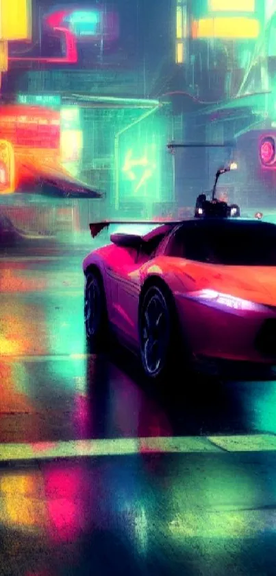 Futuristic neon-lit street with sleek sports car.