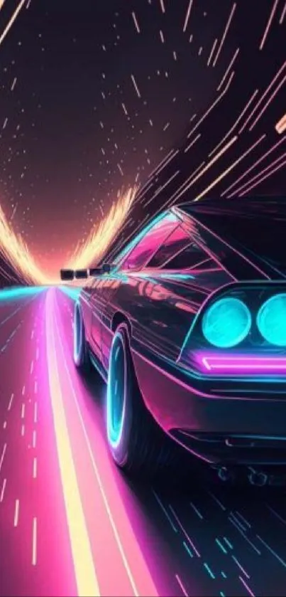 A futuristic neon car speeding through a vibrant, glowing highway at night.