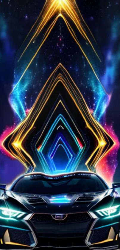 Futuristic neon car with cosmic backdrop and vibrant colors.