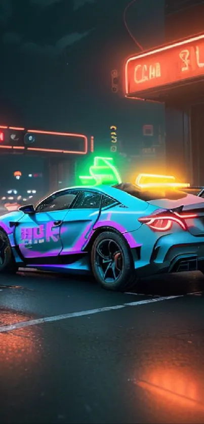 Futuristic car with neon lights in a colorful cityscape at night.