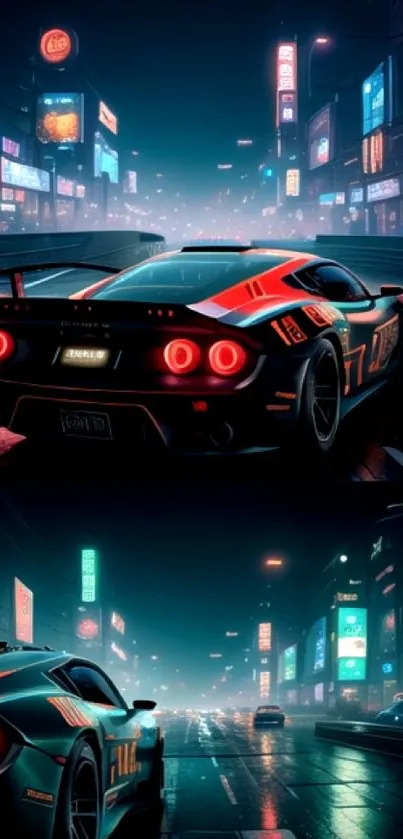 Futuristic neon-lit car in cityscape wallpaper.