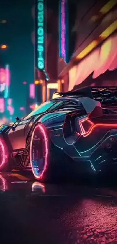 Futuristic car with neon lights in a cyberpunk cityscape.