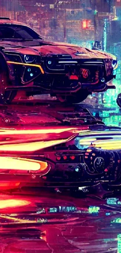 Futuristic car in neon colors with city lights and cyberpunk design.