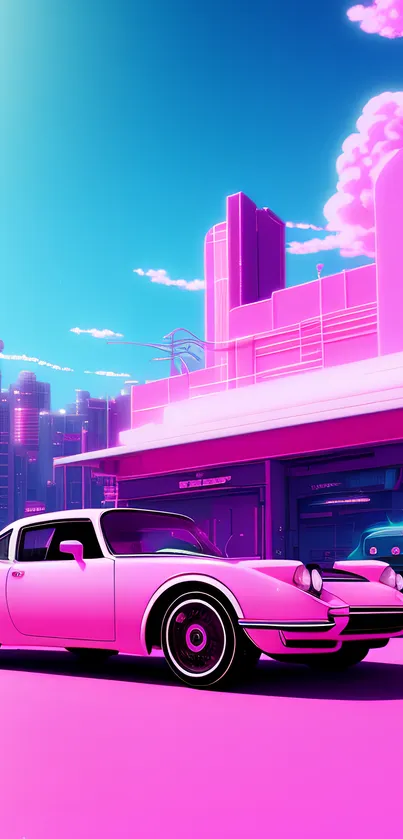 Neon pink retro car in a futuristic cityscape with skyscrapers.