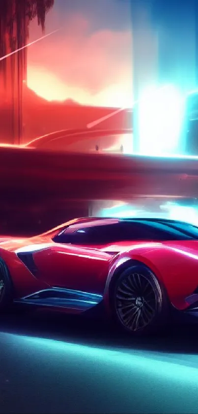 Futuristic neon car on a vibrant, colorful background.