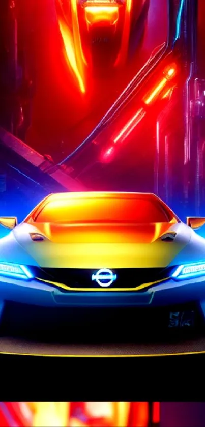 Futuristic neon car with glowing red and blue lights.