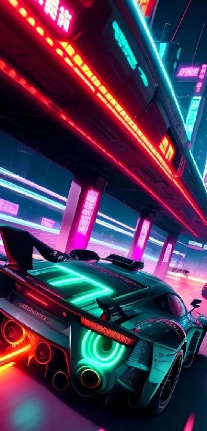 Futuristic car racing under neon city lights with vibrant colors.