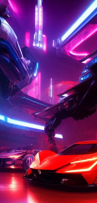 Futuristic neon cars with vibrant lights in a tech-inspired scene.