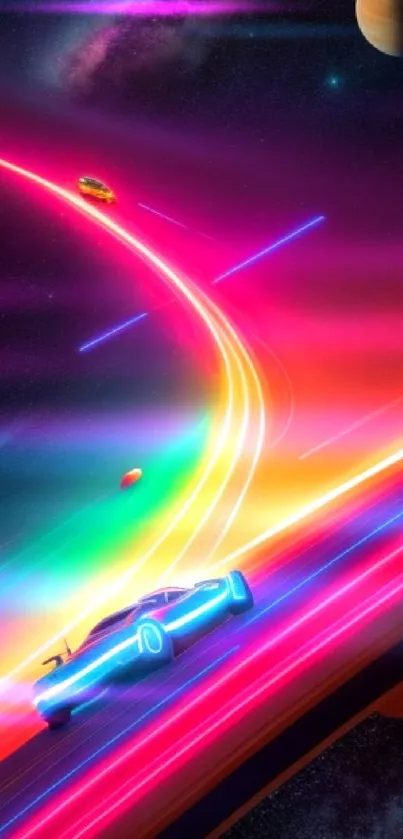 Futuristic neon car zips through a colorful cosmic sky, with planets and stars.