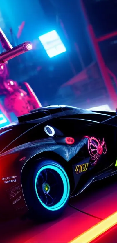 Futuristic neon car in a vibrant cyberpunk scene with city lights.