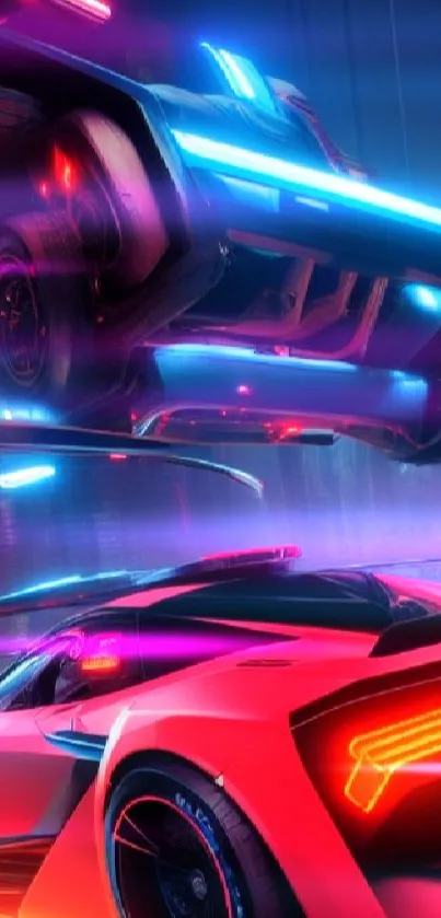 Futuristic city with neon-lit sports cars under a glowing skyline.