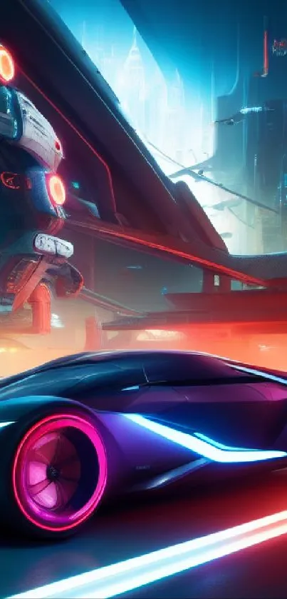 Futuristic neon car in a cyberpunk cityscape.