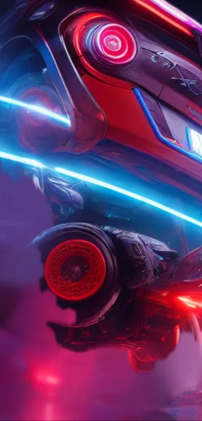 Futuristic car with neon purple lights glowing in cityscape.