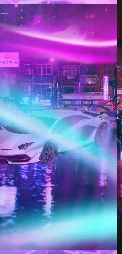 Futuristic neon city with sports car in purple and blue hues.