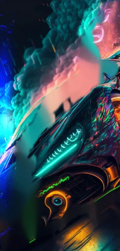 Futuristic car with neon lights and dynamic colors.