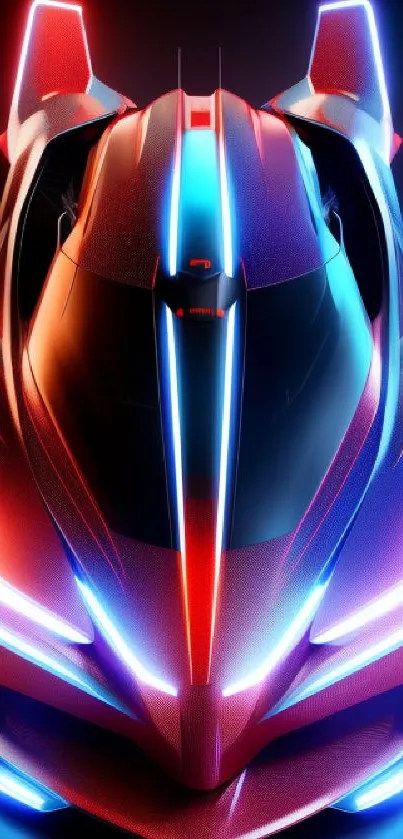 Futuristic car with neon lights and vibrant colors in blue and red.