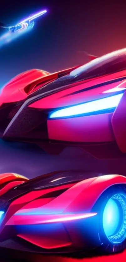 Futuristic neon car with dynamic light effects in vibrant red hues.