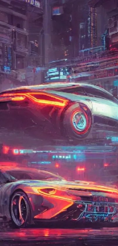 Futuristic car with neon lights in cyberpunk city.