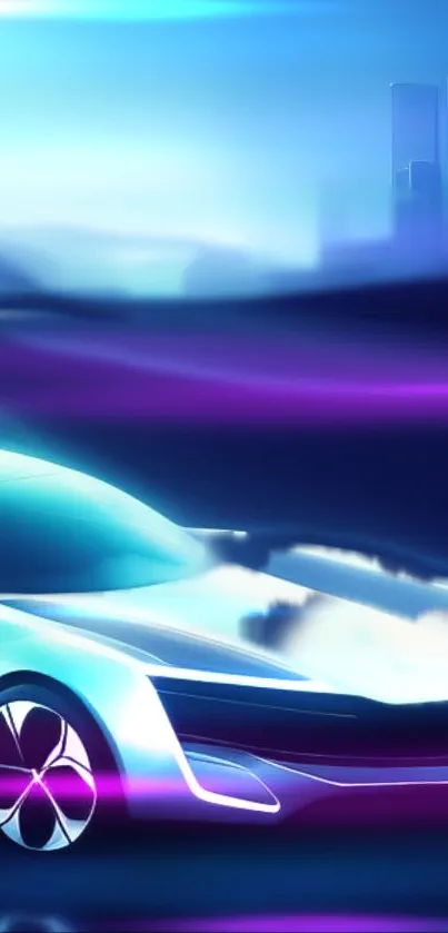 Futuristic neon car with city backdrop.