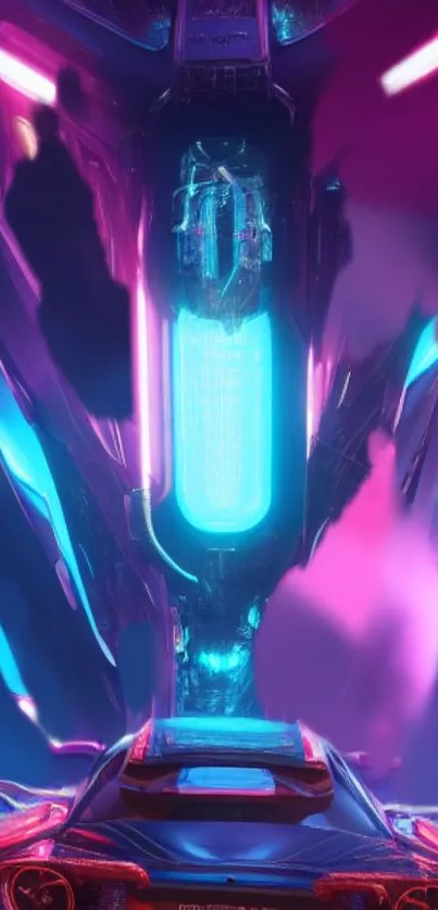 Futuristic neon car with electric blue and pink highlights in a digital design.