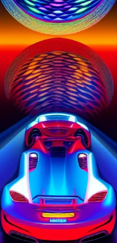 Vivid futuristic neon car under colorful skylight.