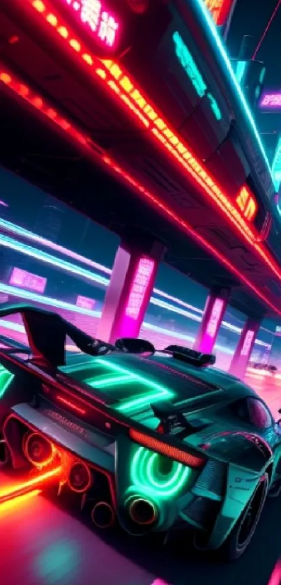 Futuristic neon car speeding through a cyberpunk city street at night.