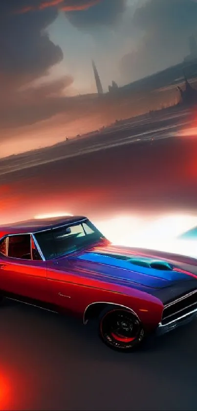 Futuristic neon car with dynamic lights in a city landscape.