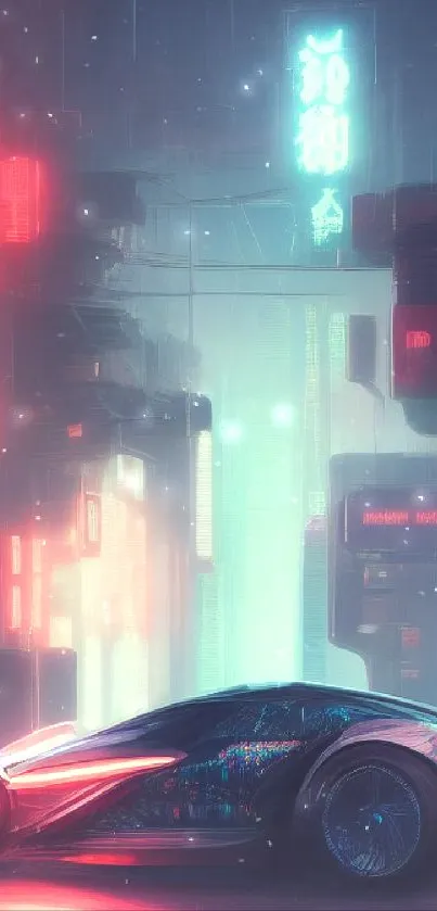 Futuristic neon car in a cyberpunk cityscape with vibrant lights.