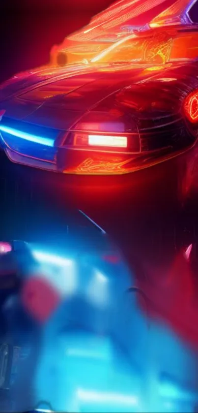 Futuristic neon-lit car racing in vibrant colors.