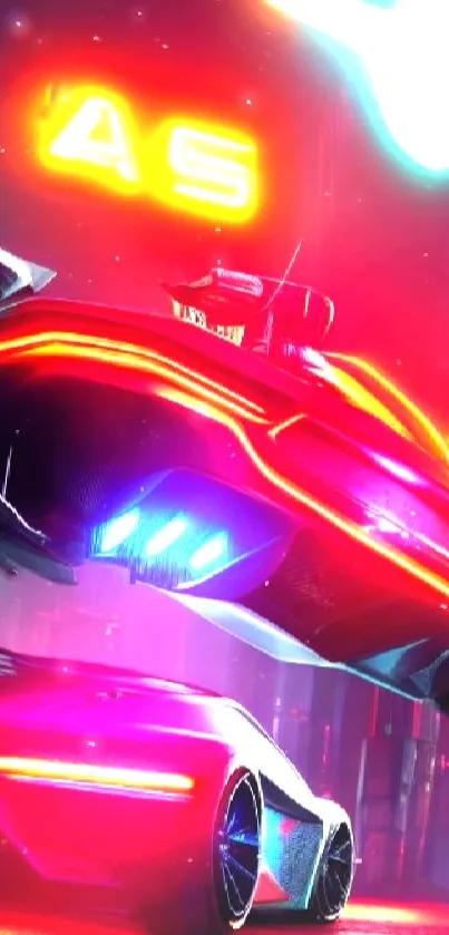 Futuristic neon car illuminated in vibrant red and blue lights.