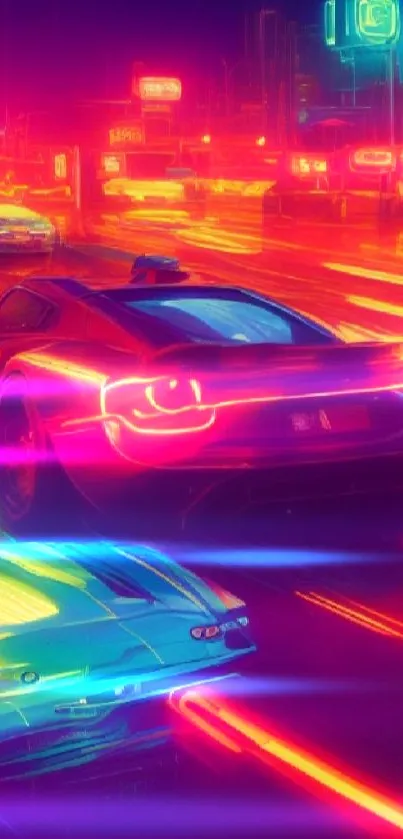 Futuristic neon car driving through city lights.