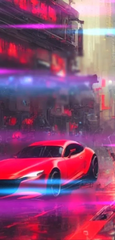 Futuristic red car on neon-lit city street at night.