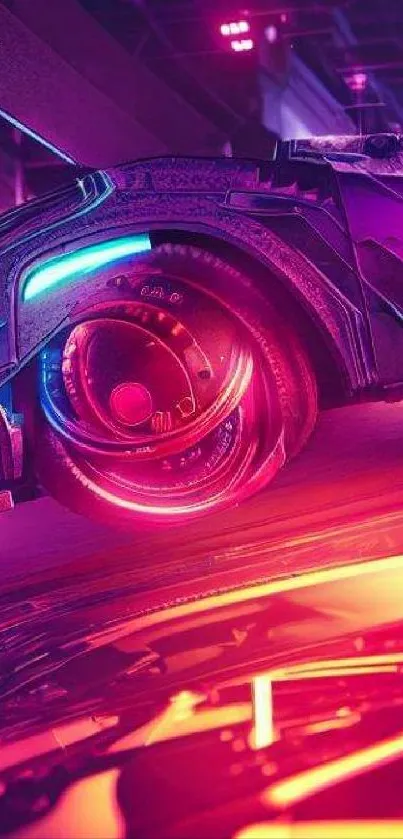 Futuristic car with neon lights on a vibrant magenta background.