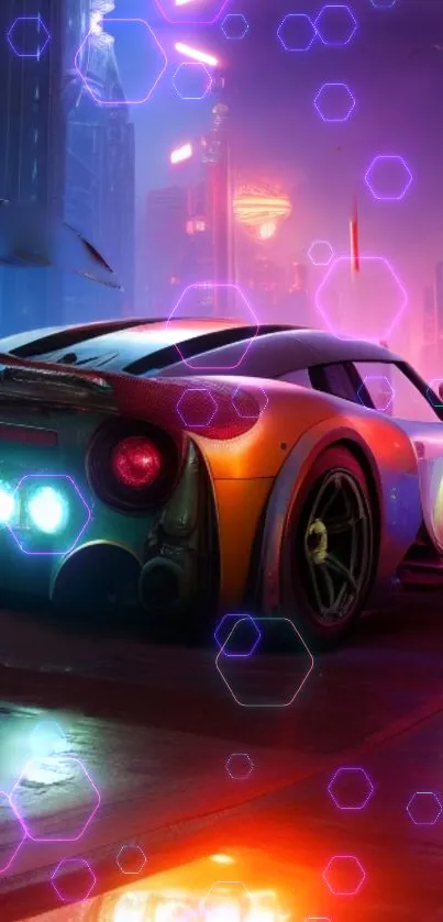 Futuristic car in neon-lit cyberpunk cityscape wallpaper.