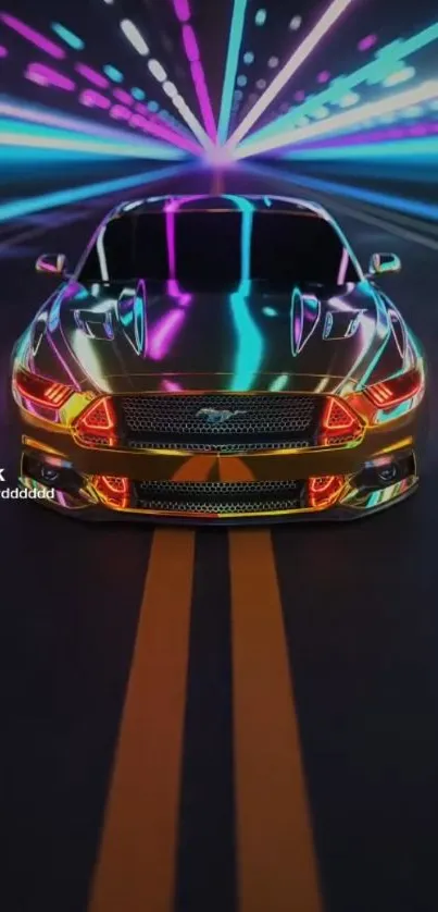 Vibrant neon-lit car on futuristic highway with colorful lines.