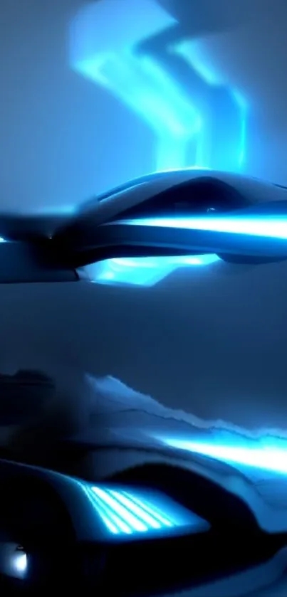 Futuristic car with neon blue stripes glowing on a dark background.