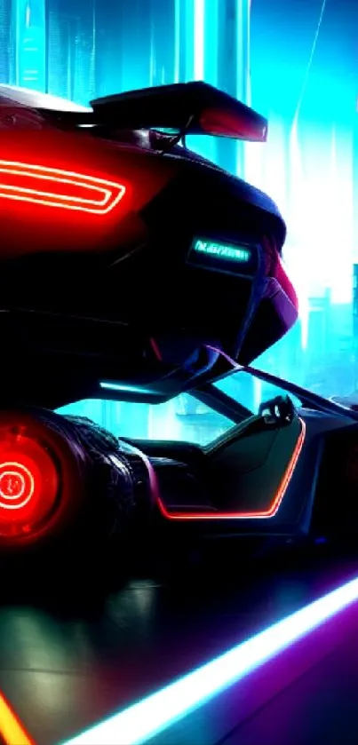 Sleek neon-lit car in futuristic cityscape with vibrant colors.