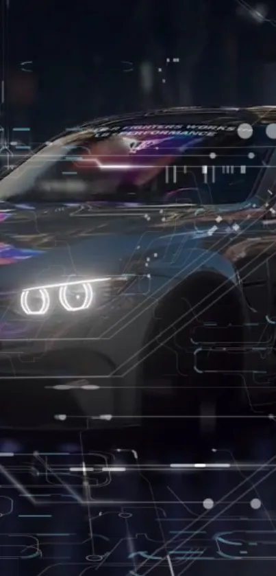 Futuristic neon car with glowing lights and digital graphics.