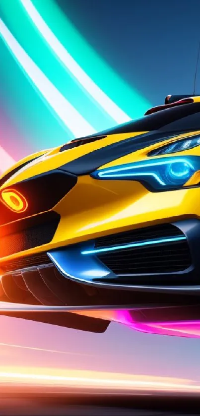 Futuristic car with neon lights on a sleek blue background.