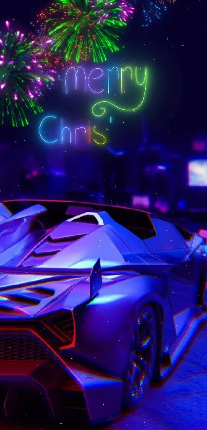 Futuristic neon car in urban nightscape with vibrant colors.