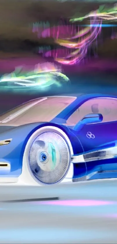 Futuristic neon car with bright blue and vibrant colors in motion.