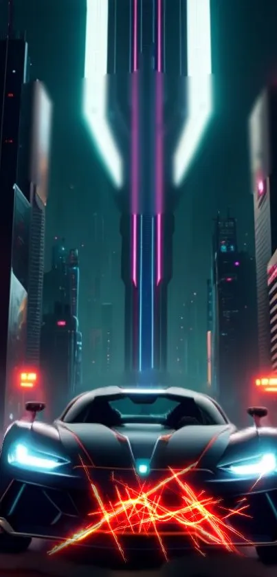 Futuristic neon car in cyberpunk city background.