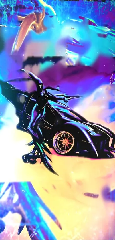 Futuristic neon car with blending colors and ethereal elements in trendy digital art.