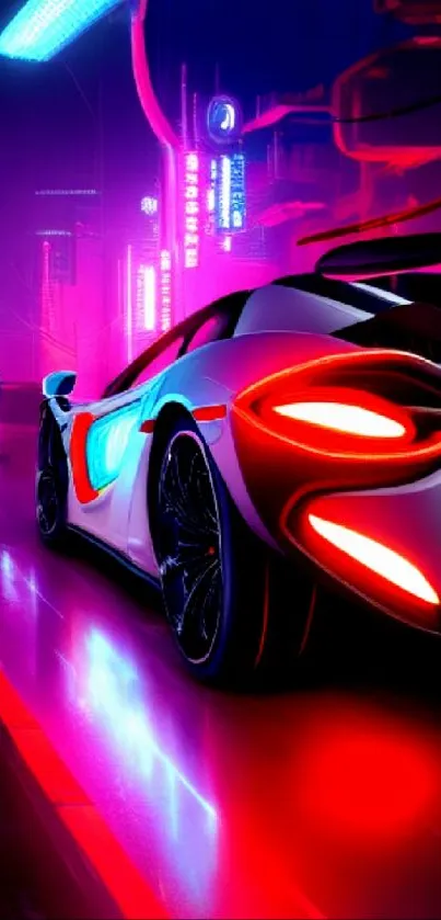 Futuristic car in neon-lit cyberpunk city with vibrant magenta hues.